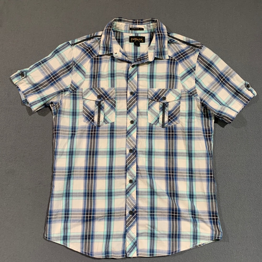 Helix Mens‎ L Athletic Fit Plaid Short Sleeve Button Up Shirt Casual Top